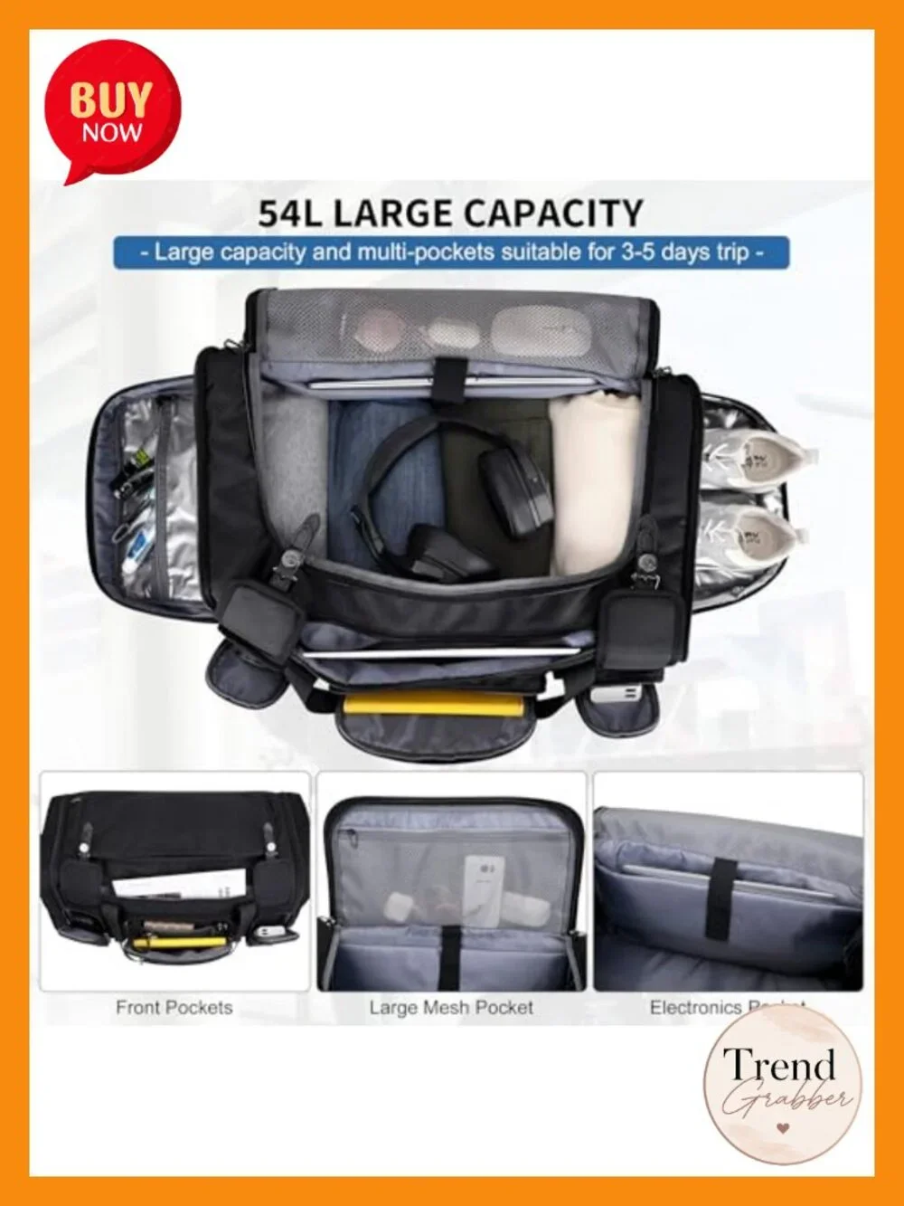 Large 54L Water-Resistant Nylon Travel Duffel Bag with Shoe Compartment and